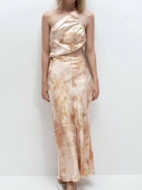 Zara One-Shoulder Tie-Dye Maxi Dress in Beige and Tan